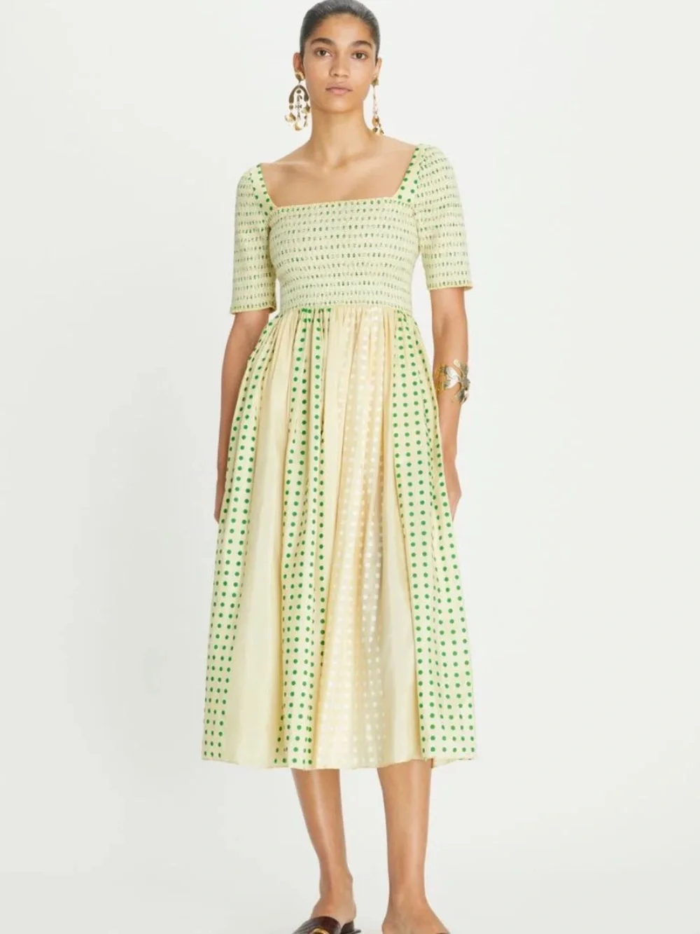NWT Tory Burch Cream and Light Green Polka Dot Midi Dress